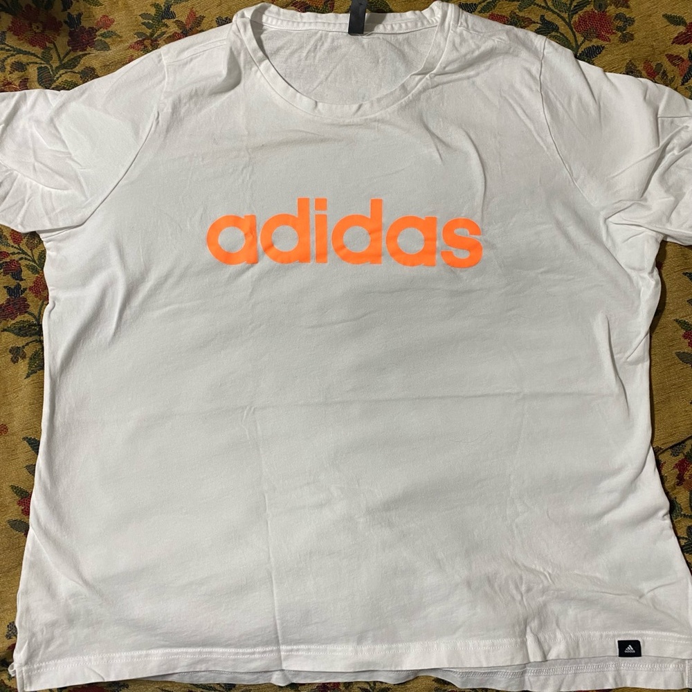 Adidas plus size tshirt, white with neon orange